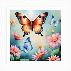 Colorful Butterflies And Flowers Art Print