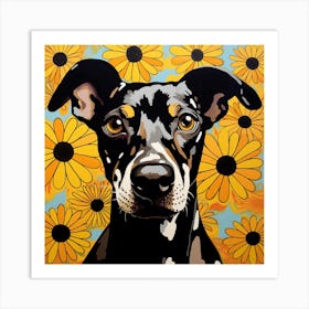 Dog With Sunflowers Art Print