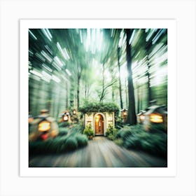 A whimsical forest scene with a path leading to a small and glowing house. Art Print