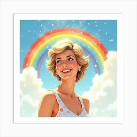 Princess Diana Smiling Beneath A Bright Watercolor Rainbow In The Sky Art Print