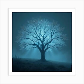 An Ethereal Tree With Bioluminescent Leaves Casting A Magical Glow Over A Misty Landscape 1 Art Print