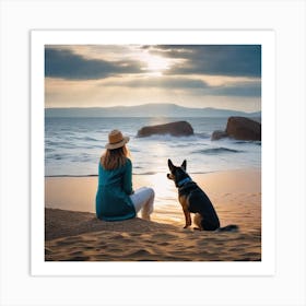 Woman And Dog On The Beach Art Print