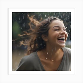 Young Woman Laughing In The Rain Art Print