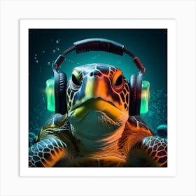 Turtle With Headphones Art Print