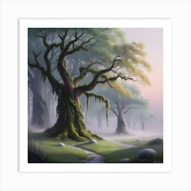 A Misty, Dawn Lit High Fantasy Forest, Digitally Painted In Vibrant, Ethereal Hues, With Soft, Feathery Brushstrokes And Delicate Textures, Evoking An Atmosphere Of Peaceful Tranquility, (4) Art Print