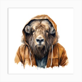 Watercolour Cartoon Muskox In A Hoodie 1 Art Print