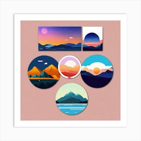 4 Badges Lo Fi Landscape With Minimalist Design (4) Art Print