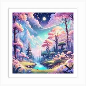 A Fantasy Forest With Twinkling Stars In Pastel Tone Square Composition 219 Art Print