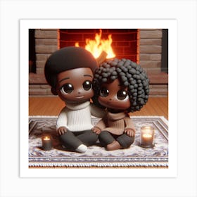 Cheerful Couple Sitting In Front Of Fireplace Art Print