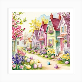 A springtime village scene with Easter eggs, blooming trees and flowers, illustrated in a detailed classic watercolor style Poster