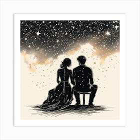 Starry Night, A Single Elegant Line Drawing Of A Men And Woman Art Of Sitting To Gather Alone Back Side Pose , Starry Night Art Print