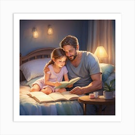 Father And Daughter Reading In Bed Art Print