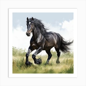 Black Stallion Galloping In Meadow 2 Art Print