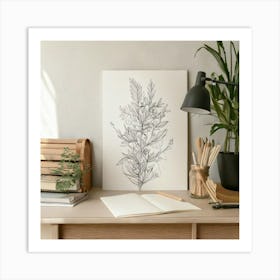 Firefly Scandinavian Minimalist Workspace With Pencil And Flora Sketch 8469 Art Print