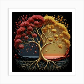 Template: Half red and half black, solid color gradient tree with golden leaves and twisted and intertwined branches 3D oil painting 10 Art Print