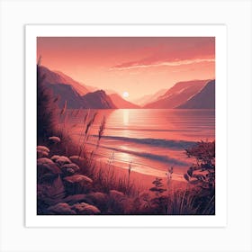 Evening Rosegold Beach at sunset amidst the mountains in an art print 8 Art Print