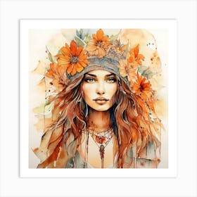 Boho Girl, Watercolor Of A Girl With Flowers Art Print