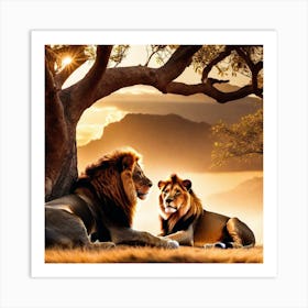 Two Lions Under A Tree Art Print