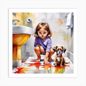 Little Girl And Dog In Bathroom Art Print