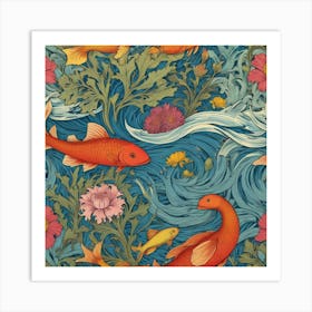 Goldfish And Flowers Art Print