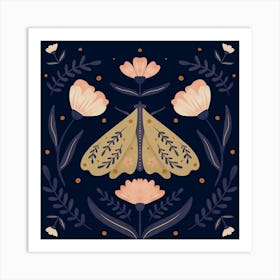 Moth and Flowers - blue and peach Art Print