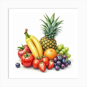 Sophisticated Watercolor Rendering Of Vibrant Fruits And Veggies In A Lovely Display 1 Art Print