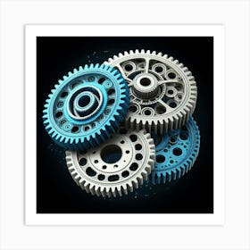 A render of a complex arrangement of interlocking gears. The gears are made of a blue and white metal, and they are set against a black background. The gears are in motion, and they are creating a sense of energy and movement. The image is both beautiful and thought-provoking, and it is a reminder of the power of machines. Art Print