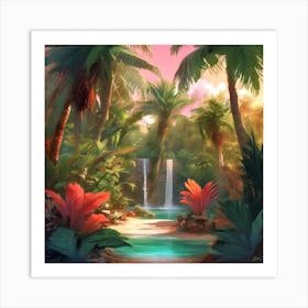 Tropical Jungle With Waterfall Art Print