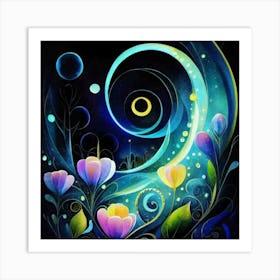 Abstract oil painting: Water flowers in a night garden 19 Art Print