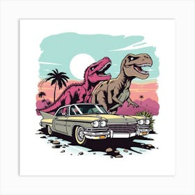 Dinosaurs And Car 3 Art Print