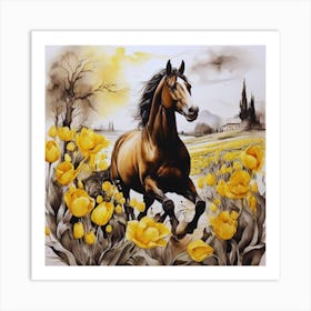 Horse In Yellow Tulips Painting Art Print