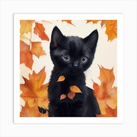 Black Kitten In Autumn Leaves 6 Art Print