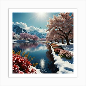 Snowy Landscape With Flowers Art Print