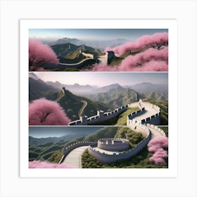 Split Sceneries PInk Great Wall Of China Landscape Art Print