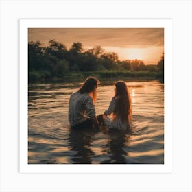 Couple In The River At Sunset Art Print