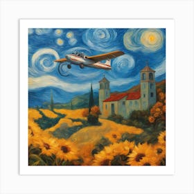 altes Flugzeug fliegt über die mexikanische Landschaft und eine isolierte Kirche… Art Print