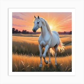 White Horse In The Field At Sunset 2 Art Print