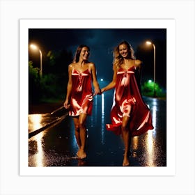 Two Women Walking In The Rain Art Print