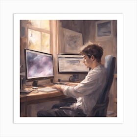 A Young Man Is Sitting At The Computer, Sleeping Art Print