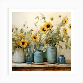 Blue Vases With Sunflowers Art Print