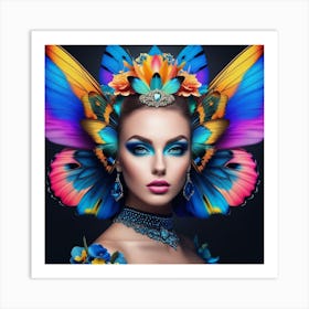 Beautiful Woman With Colorful Butterfly Wings Art Print
