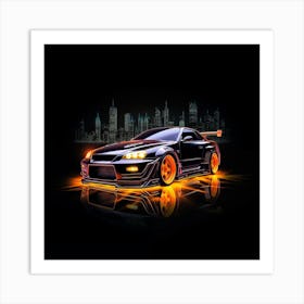 Skyline R34 Variant Orange Neon With City Backdrop Art Print