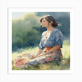 Girl Sitting In The Grass Art Print