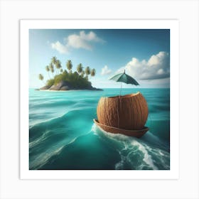 Coconut Boat In The Ocean Art Print