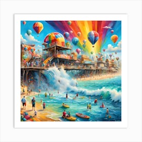 Rainbow Sky Above Hot Air Balloons And Beachside Playground Art Print