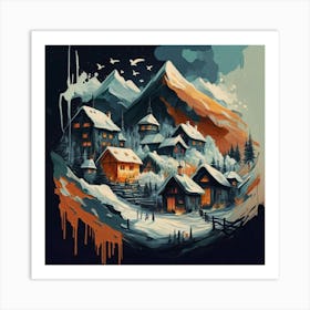 Abstract painting of a mountain village with snow falling 1 Art Print