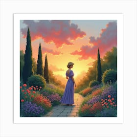 Princess Diana Against A Colorful Watercolor Garden Scene At Dawn 1 Art Print