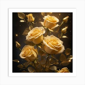 Golden Roses On Black Background Art Print