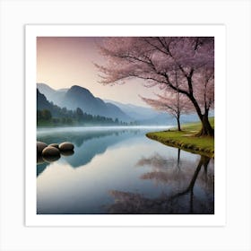 Cherry Blossoms By The Lake Art Print