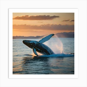 Humpback Whale Breaching At Sunset 15 Art Print